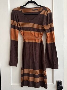 Brown & Orange Striped V-Neck Prana Women’s Dress